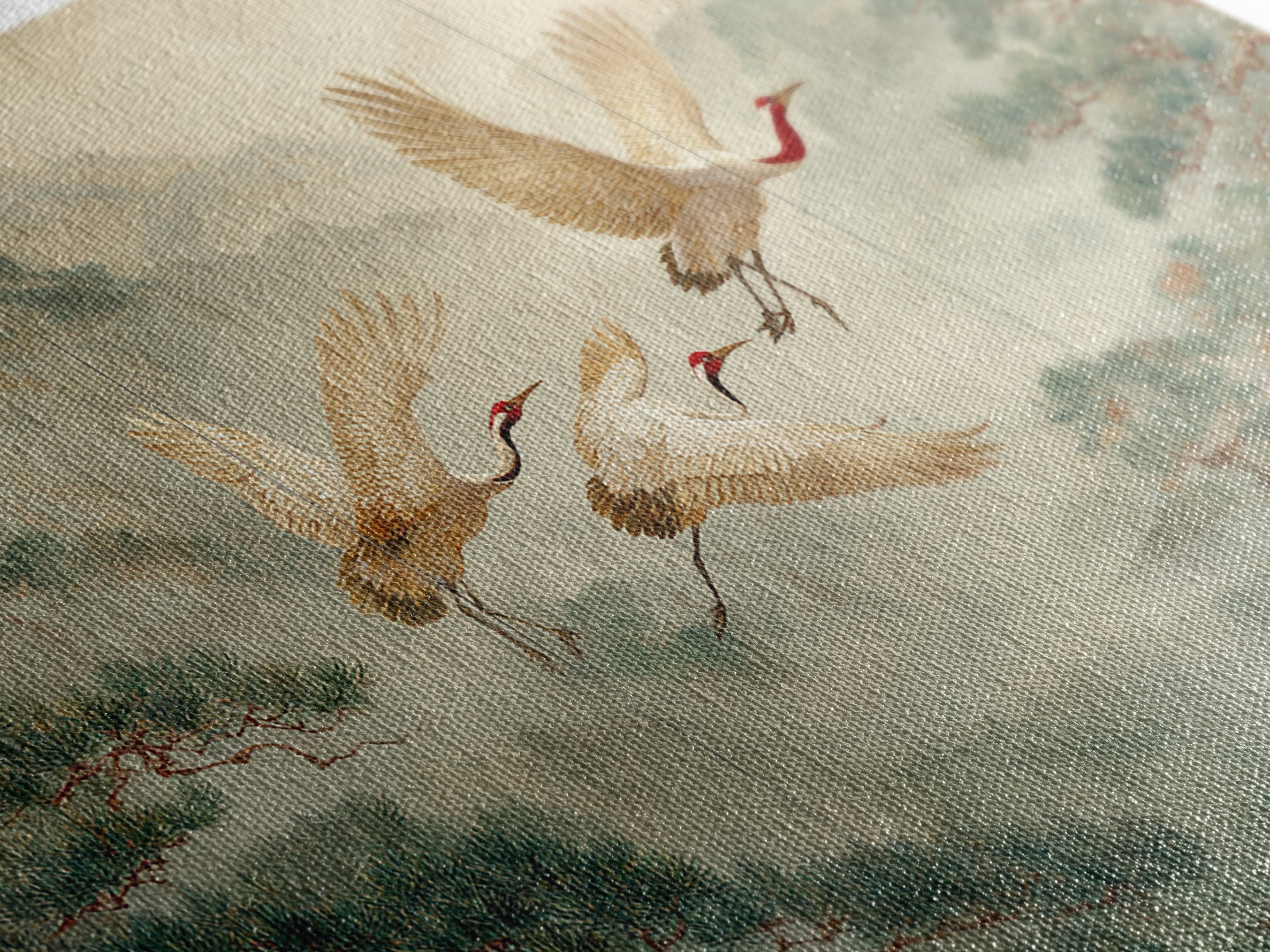 Ethereal Cranes Flying Through Pale Morning Mist Canvas Print, Above Bed Art, Living Room Decor, Bedroom Decor, Serenity, ABA-3x2-13