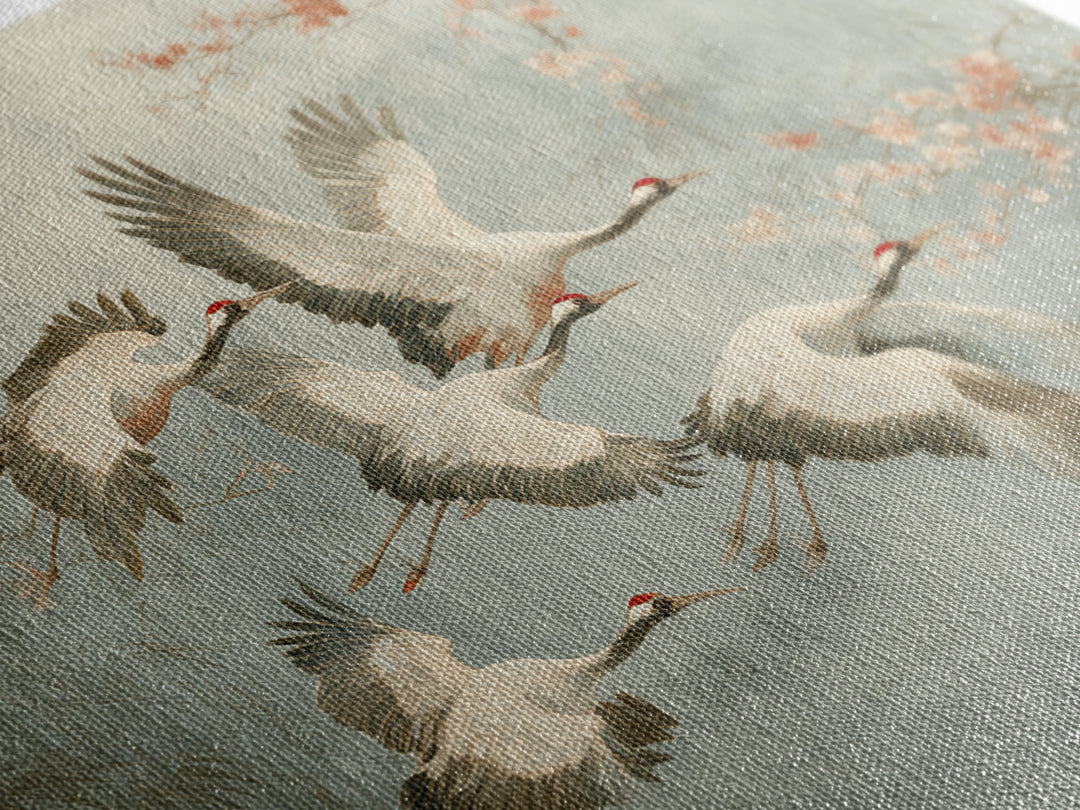 Ethereal Cranes Flying Through Pale Morning Mist Canvas Print, Above Bed Art, Sage Green Wall Art, Bedroom Decor, Oil Painting, ABA-3x2-37