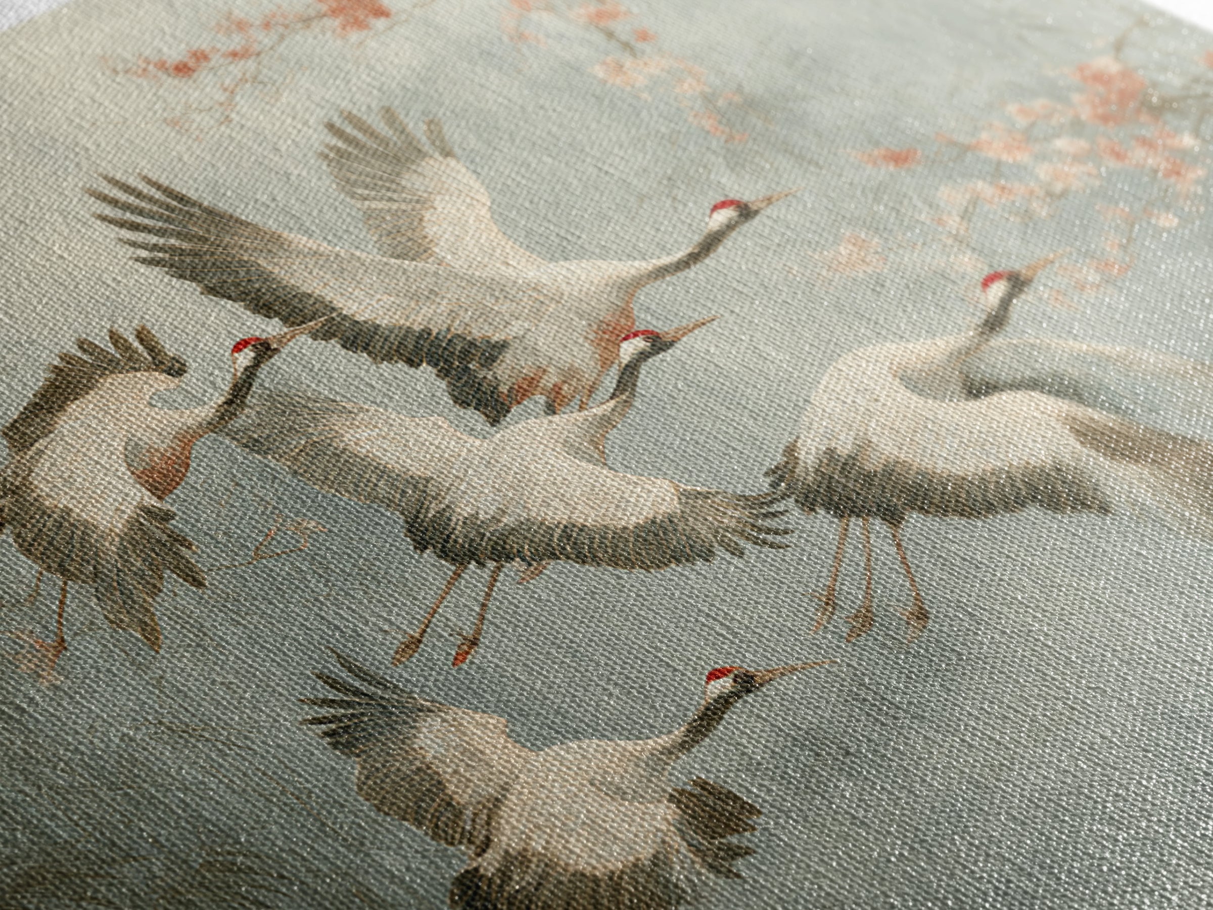 Ethereal Cranes Flying Through Pale Morning Mist Canvas Print, Above Bed Art, Sage Green Wall Art, Bedroom Decor, Oil Painting, ABA-3x2-37