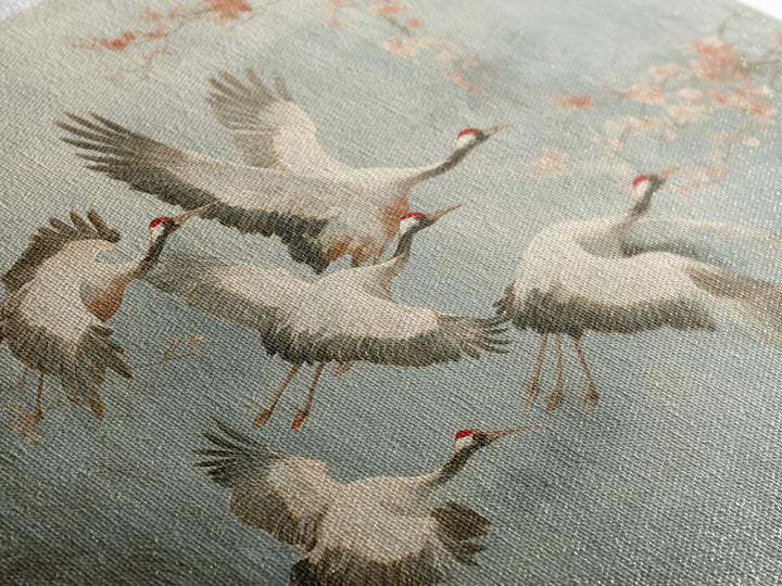 Ethereal Cranes Flying Through Pale Morning Mist Canvas Print, Above Bed Art, Sage Green Wall Art, Bedroom Decor, Oil Painting, ABA-3x2-37
