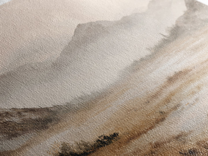 Panoramic Misty Mountain Landscape Framed Canvas Print, Above Bed Art, Dopamine Decor, Bedroom Decor, Oil Painting, Serenity, ABA-3x2-5