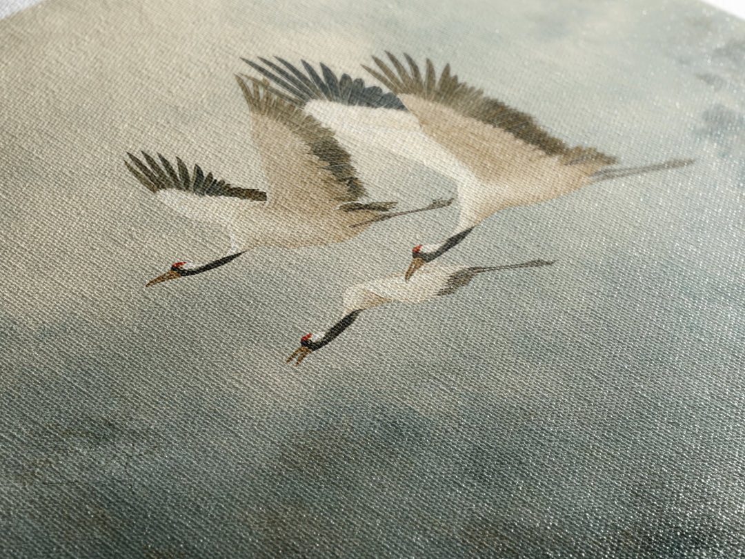 Ethereal Cranes Flying Through Pale Morning Mist Canvas Print, Above Bed Art, Sage Green Wall Art, Bedroom Decor, Oil Painting, ABA-3x2-61