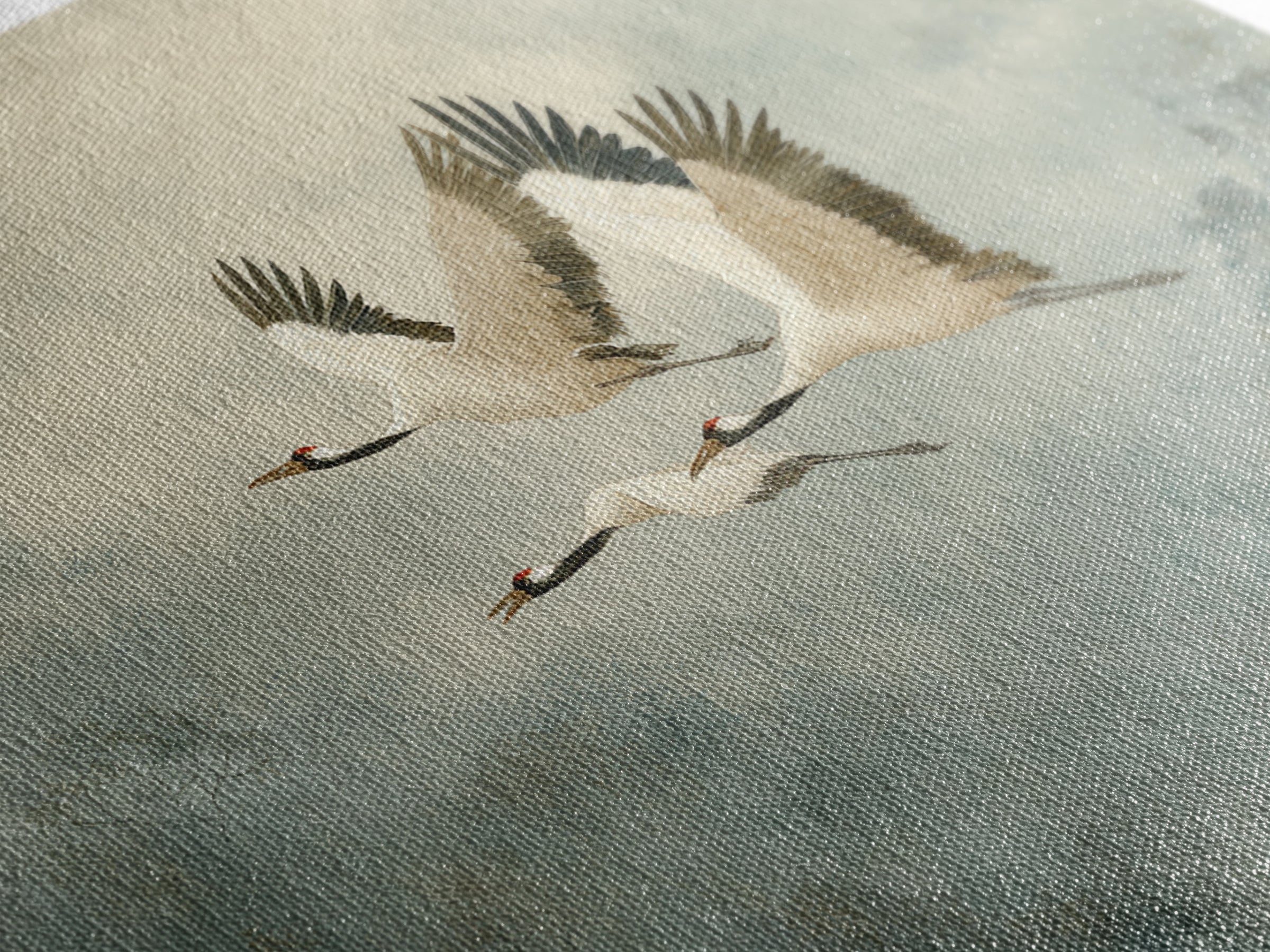 Ethereal Cranes Flying Through Pale Morning Mist Canvas Print, Above Bed Art, Sage Green Wall Art, Bedroom Decor, Oil Painting, ABA-3x2-61