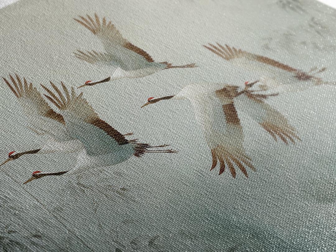 Ethereal Cranes Flying Through Pale Morning Mist Framed Canvas Print, Above Bed Art, Bedroom Wall Art, Bedroom Decor, Serenity, ABA-3x2-85