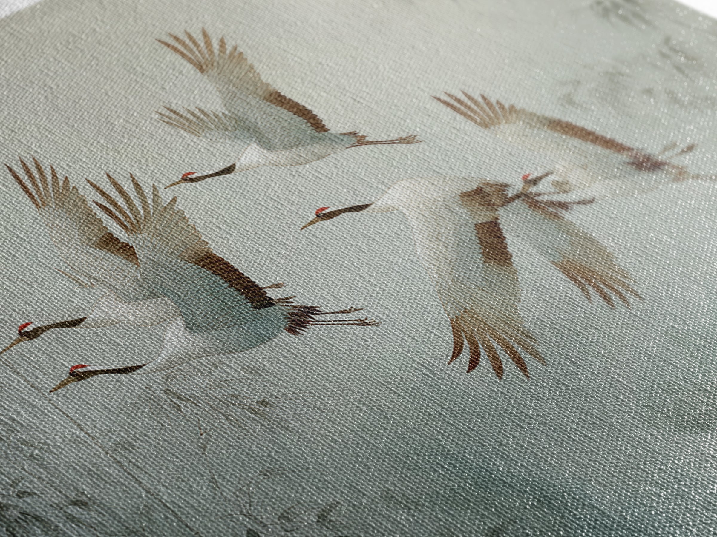 Ethereal Cranes Flying Through Pale Morning Mist Framed Canvas Print, Above Bed Art, Bedroom Wall Art, Bedroom Decor, Serenity, ABA-3x2-85