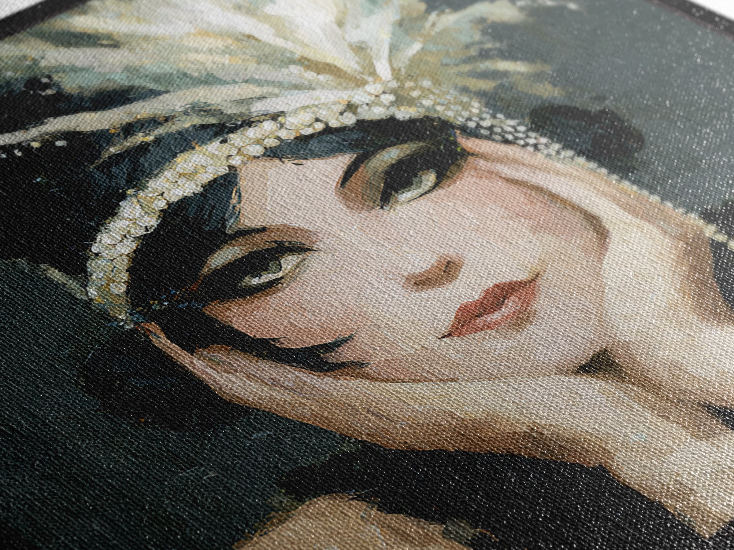 Flapper Portrait with Pearl Strands and Dramatic Framed Canvas Print, Art Deco Art, Gallery Decor, Living Room Decor, Glamour, ADA-1x1-38