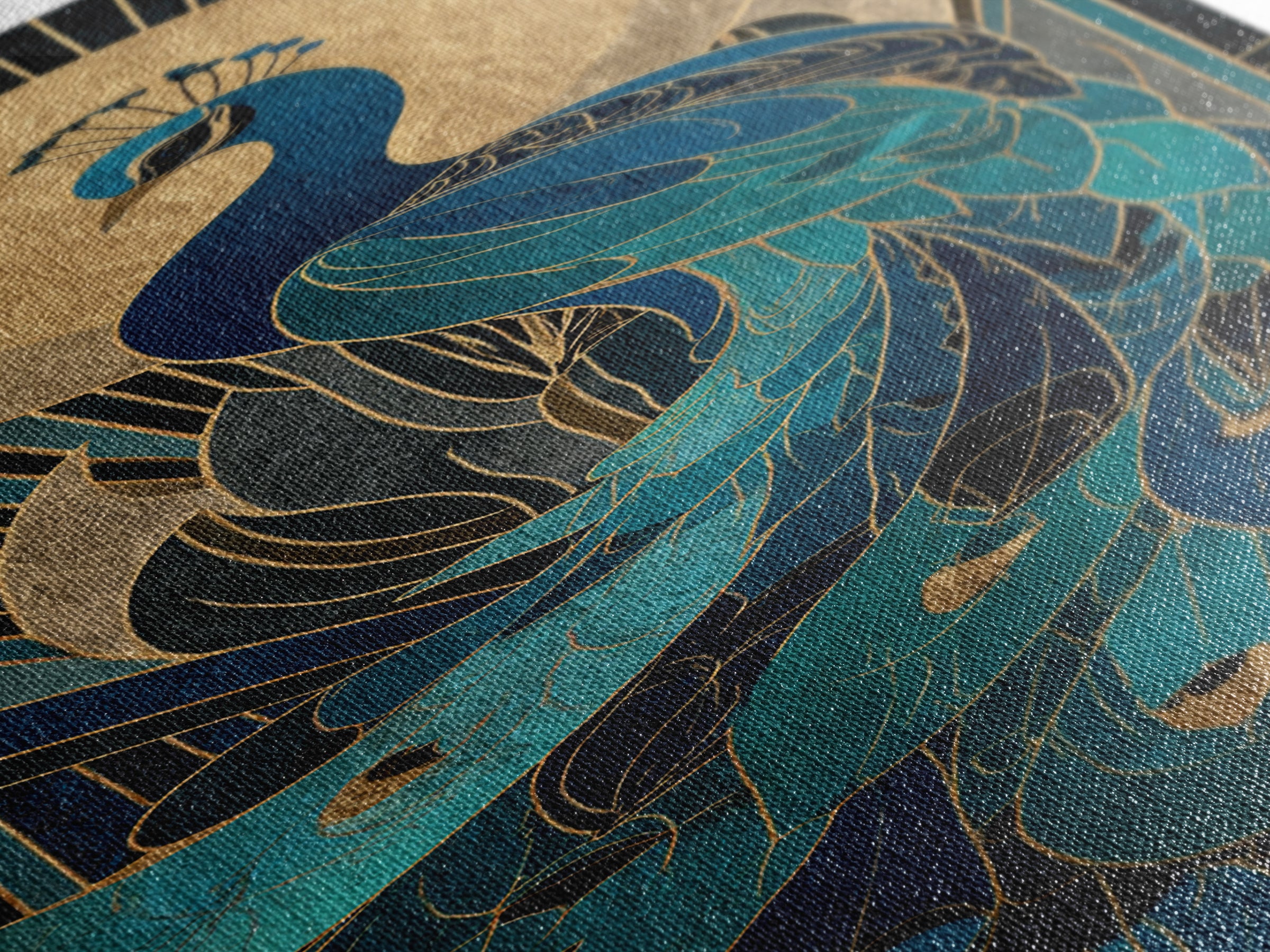 Sleek Peacock with Jeweled Feathers and Stepped Canvas Print, Art Deco Art, Blue Wallpaper, Living Room Decor, Abstract Art, ADA-1x3-63
