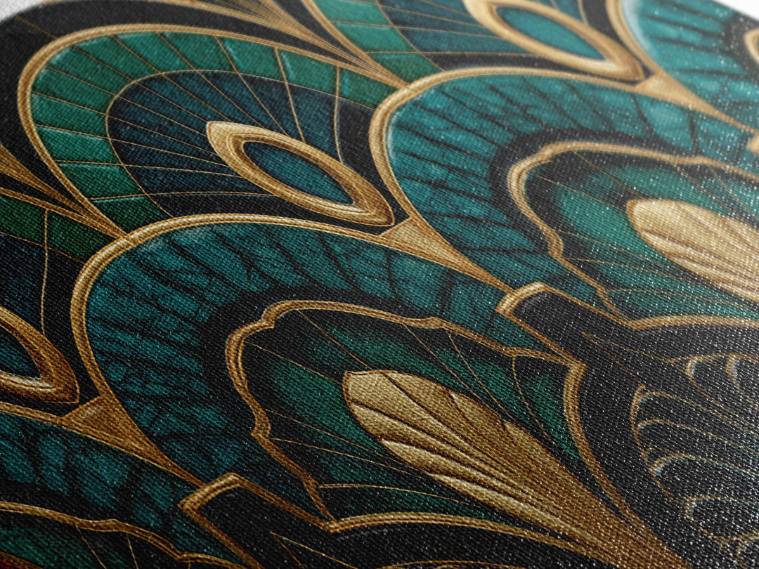 Emerald Peacock Feather Pattern Framed Canvas Print, Art Deco Art, Statement Artwork, Living Room Decor, Fine Art, Glamour, ADA-2x1-20