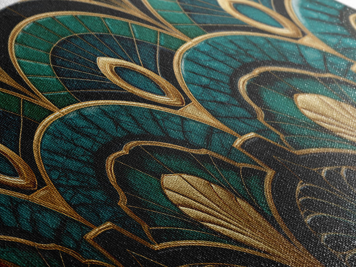 Emerald Peacock Feather Pattern Framed Canvas Print, Art Deco Art, Statement Artwork, Living Room Decor, Fine Art, Glamour, ADA-2x1-20