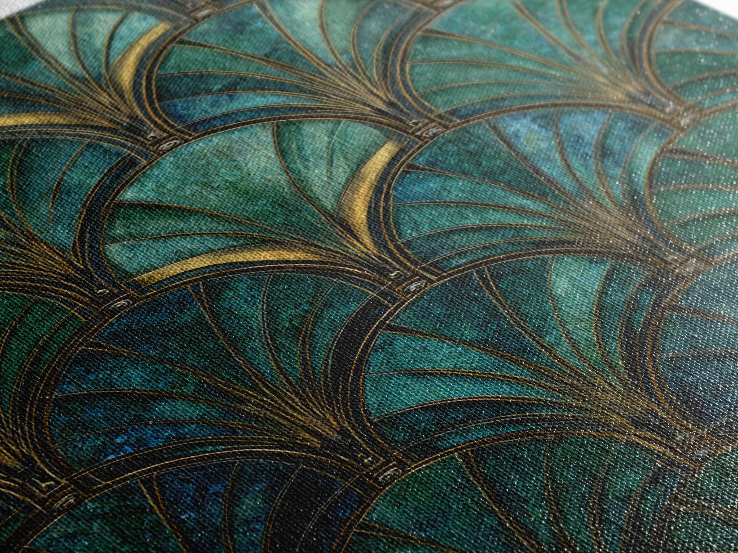 Emerald Peacock Feather Pattern Framed Canvas Print, Art Deco Art, Blue Wallpaper, Living Room Decor, Oil Painting, Glamour, ADA-2x3-8