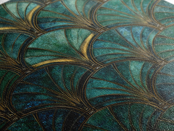 Emerald Peacock Feather Pattern Framed Canvas Print, Art Deco Art, Blue Wallpaper, Living Room Decor, Oil Painting, Glamour, ADA-2x3-8