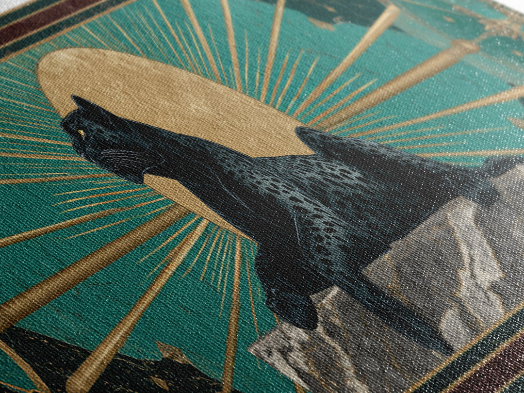 Black Panther Sculpture on a Marble Plinth Framed Canvas Print, Art Deco Art, Textured Painting, Living Room Decor, Glamour, ADA-3x1-27