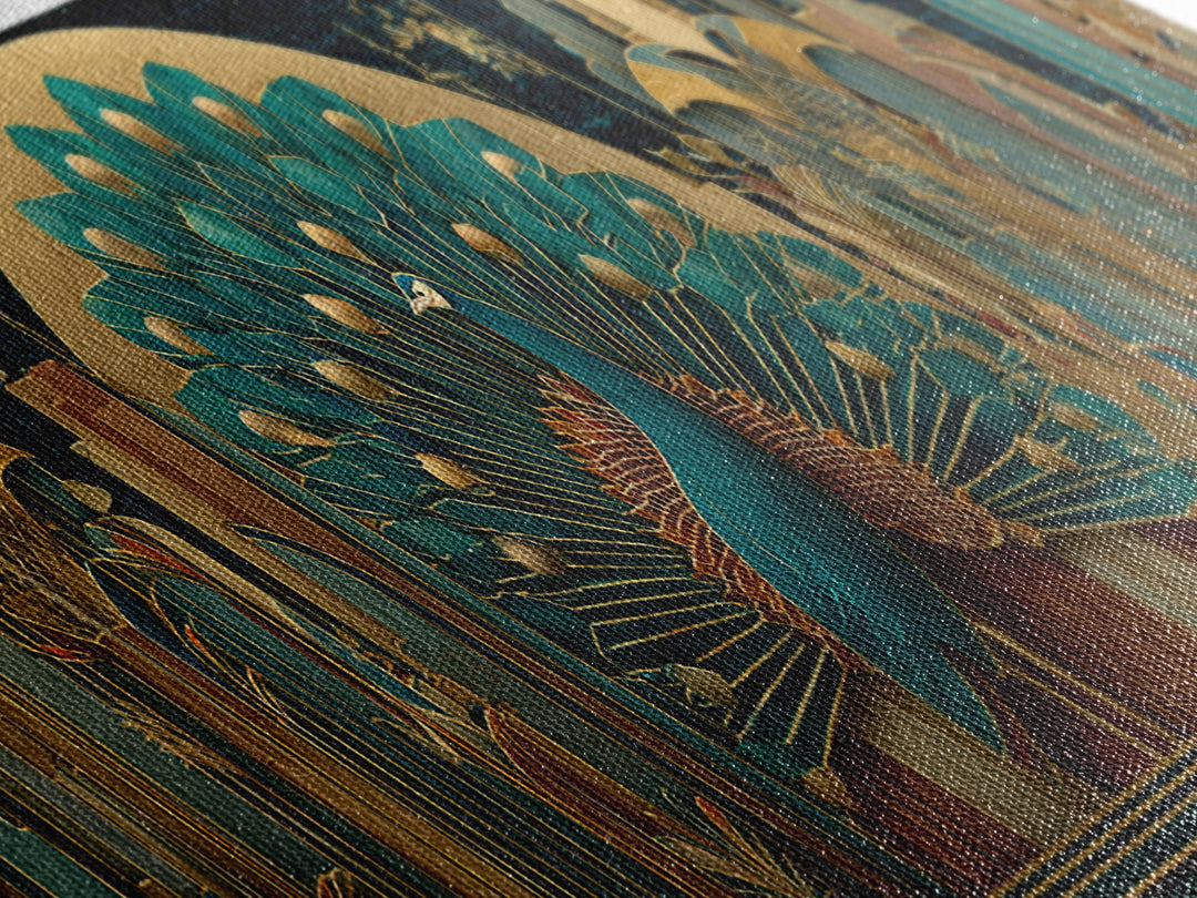 Sleek Peacock with Jeweled Feathers and Stepped Canvas Print, Art Deco Art, Living Room Decor, Abstract Art, Glamour, ADA-3x1-43