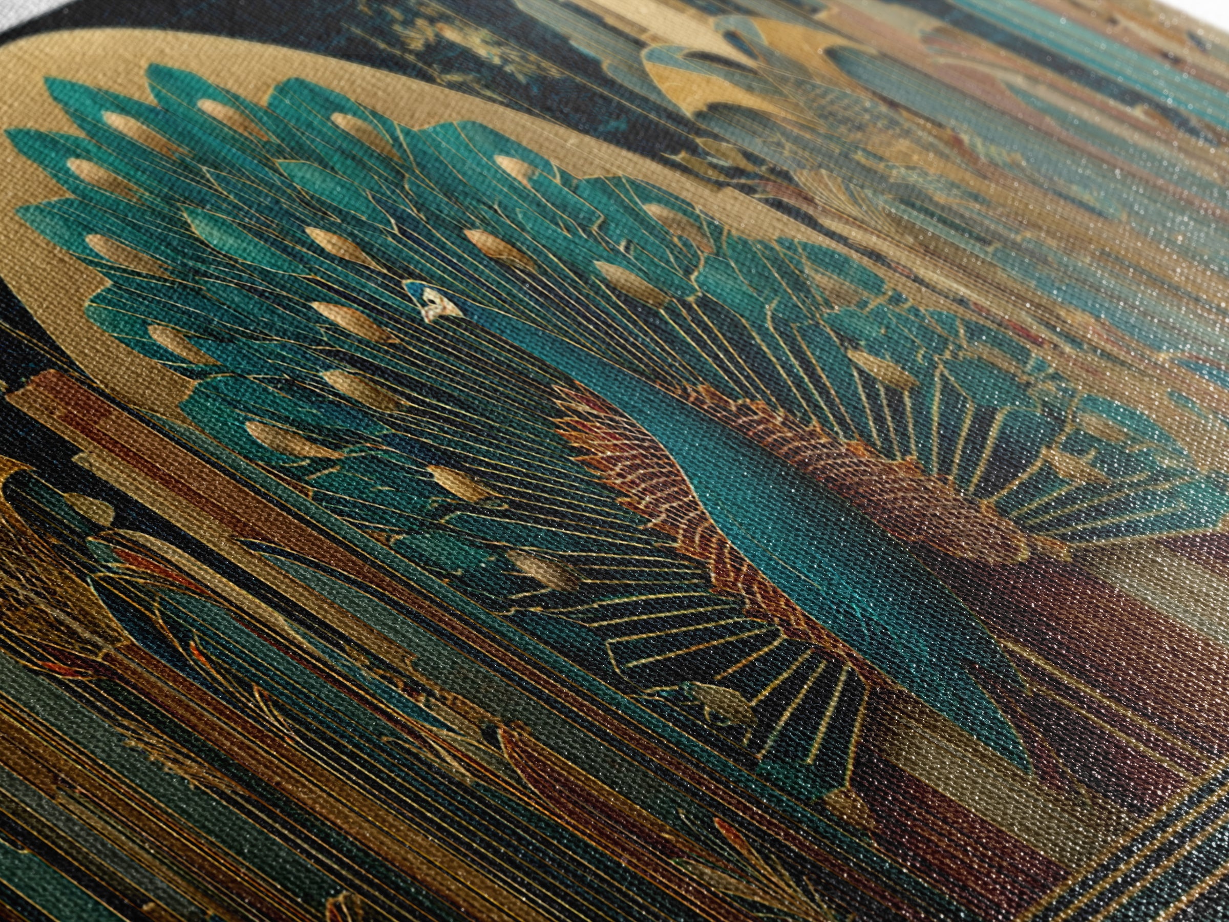 Sleek Peacock with Jeweled Feathers and Stepped Canvas Print, Art Deco Art, Living Room Decor, Abstract Art, Glamour, ADA-3x1-43