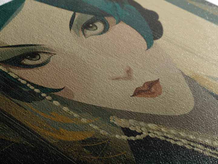 Flapper Portrait with Pearl Strands and Dramatic Canvas Print, Art Deco Art, Printable Art, Living Room Decor, Oil Painting, ADA-3x2-42