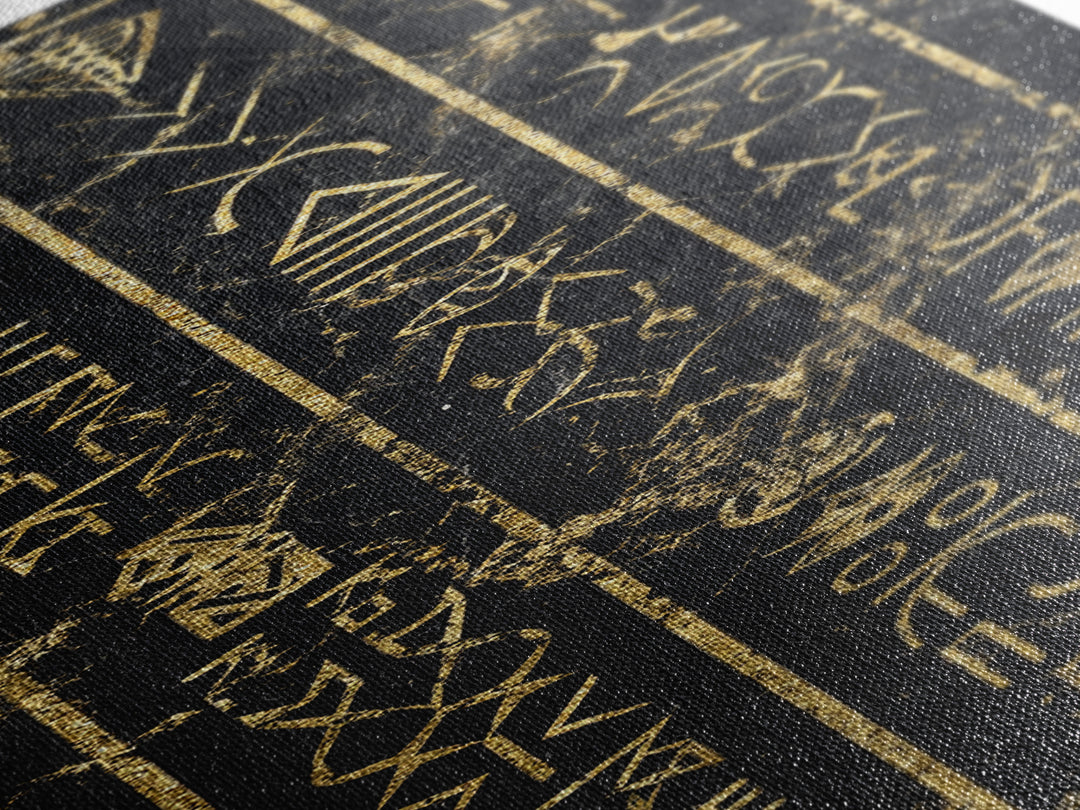 Gold Ancient African Glyphs On Black Wall Art, Tribal Hieroglyphic Canvas, Afrocentric Decor, Cultural Home Decor Gift For Living Room