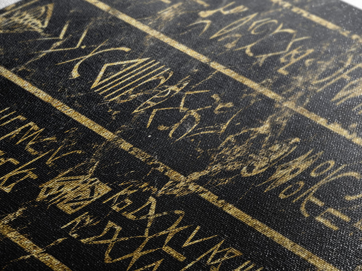 Gold Ancient African Glyphs On Black Wall Art, Tribal Hieroglyphic Canvas, Afrocentric Decor, Cultural Home Decor Gift For Living Room