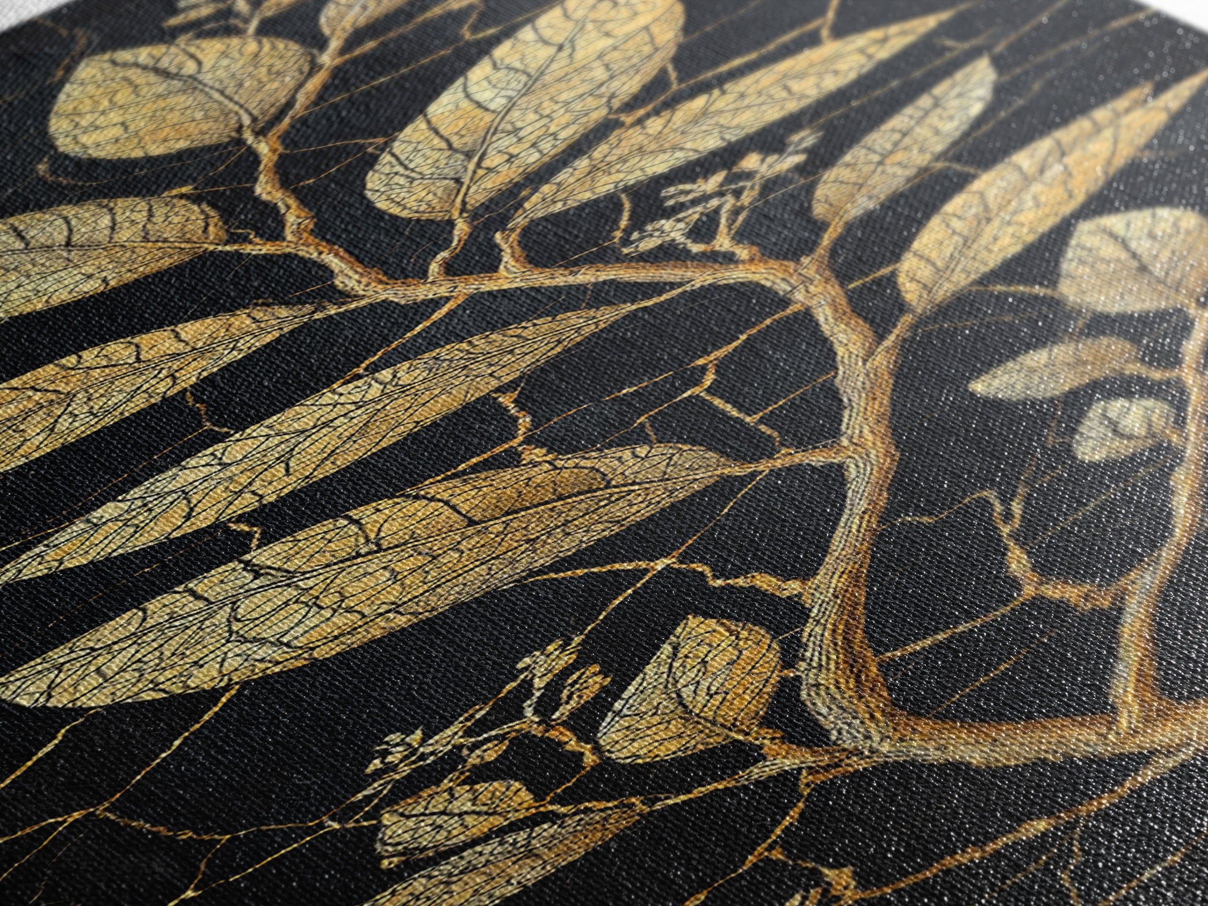 Gold Botanical Branch On Cracked Black Stone Wall Art, Luxury Canvas Print, Elegant Home Decor, Nature Artwork Gift For Living Room