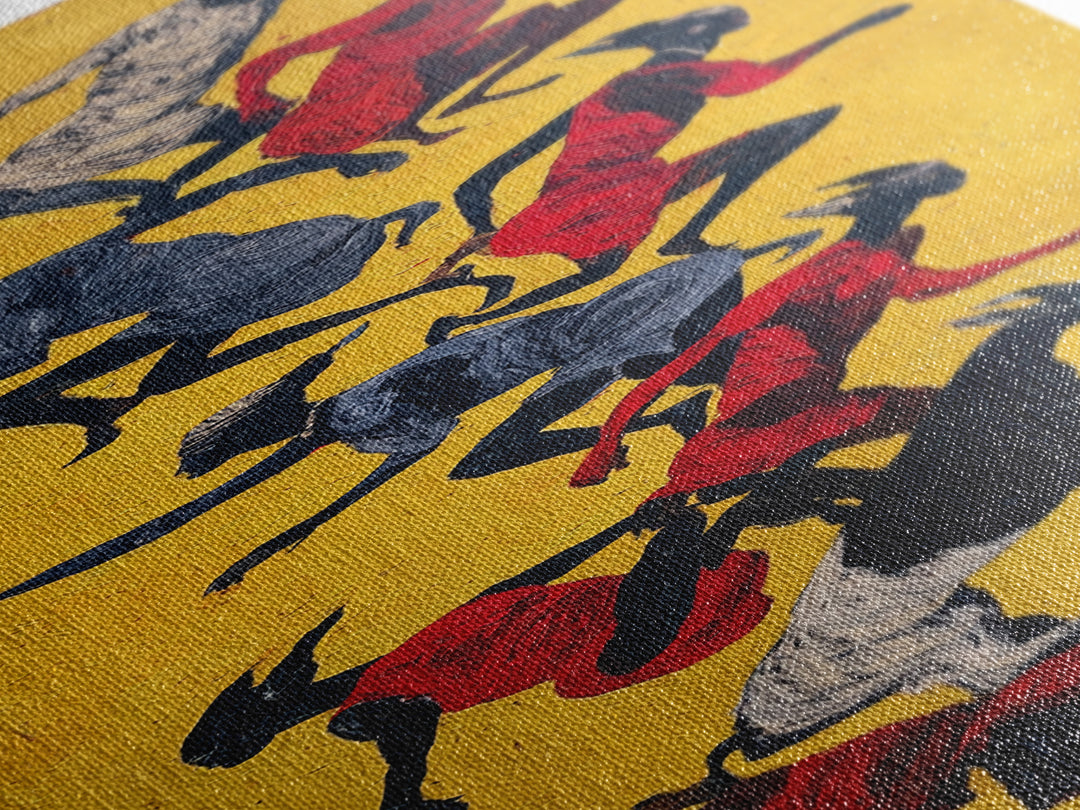 Yellow Abstract Dancers And Goats Canvas Print, African Tribal Art Wall Art, Red Black Ethnic Decor, Modern Culture Gift