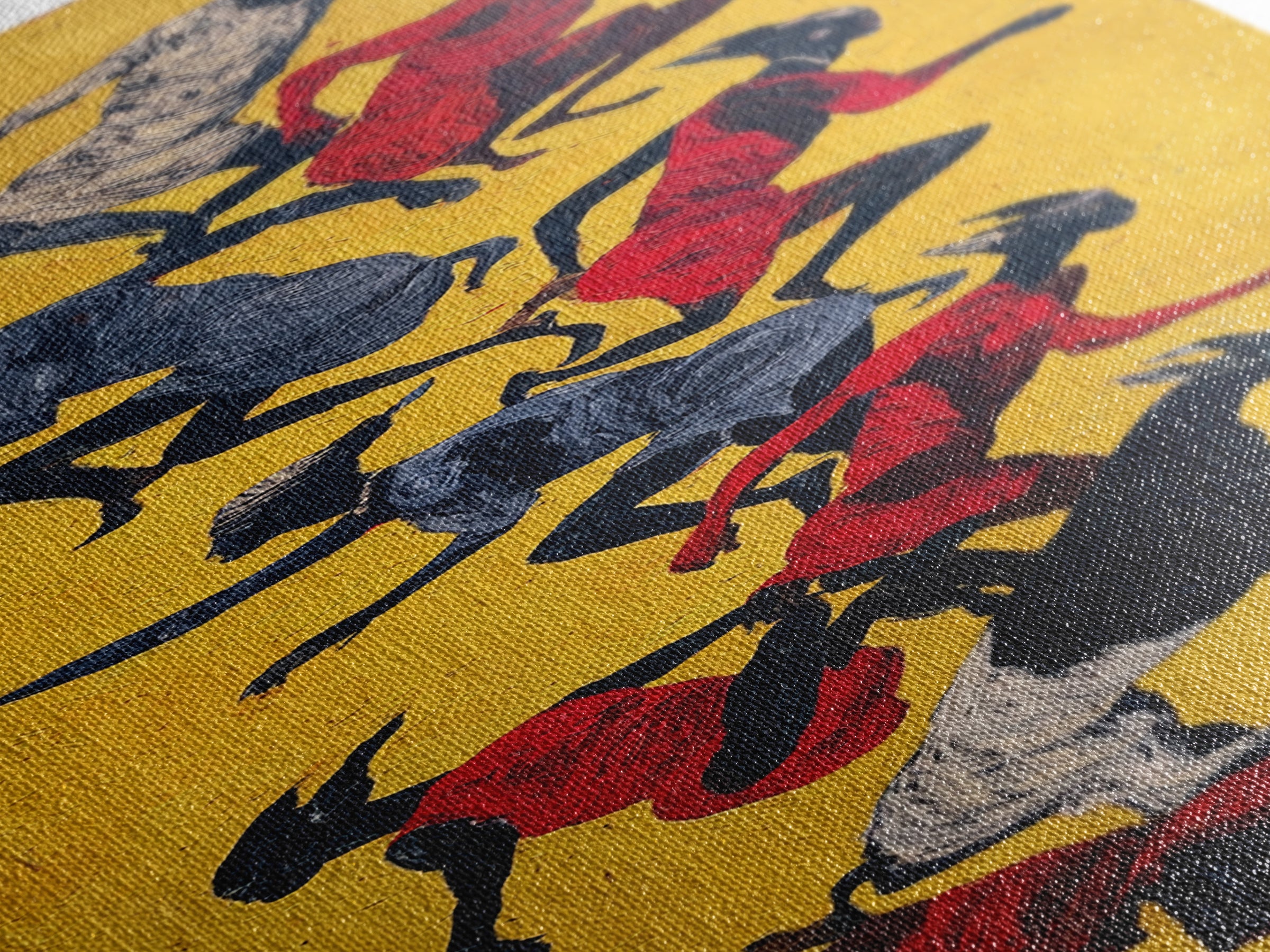 Yellow Abstract Dancers And Goats Canvas Print, African Tribal Art Wall Art, Red Black Ethnic Decor, Modern Culture Gift