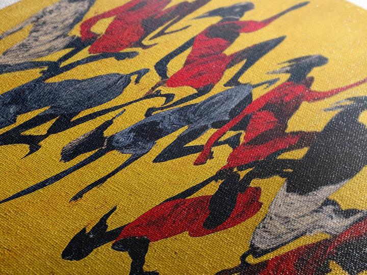 Yellow Abstract Dancers And Goats Canvas Print, African Tribal Art Wall Art, Red Black Ethnic Decor, Modern Culture Gift