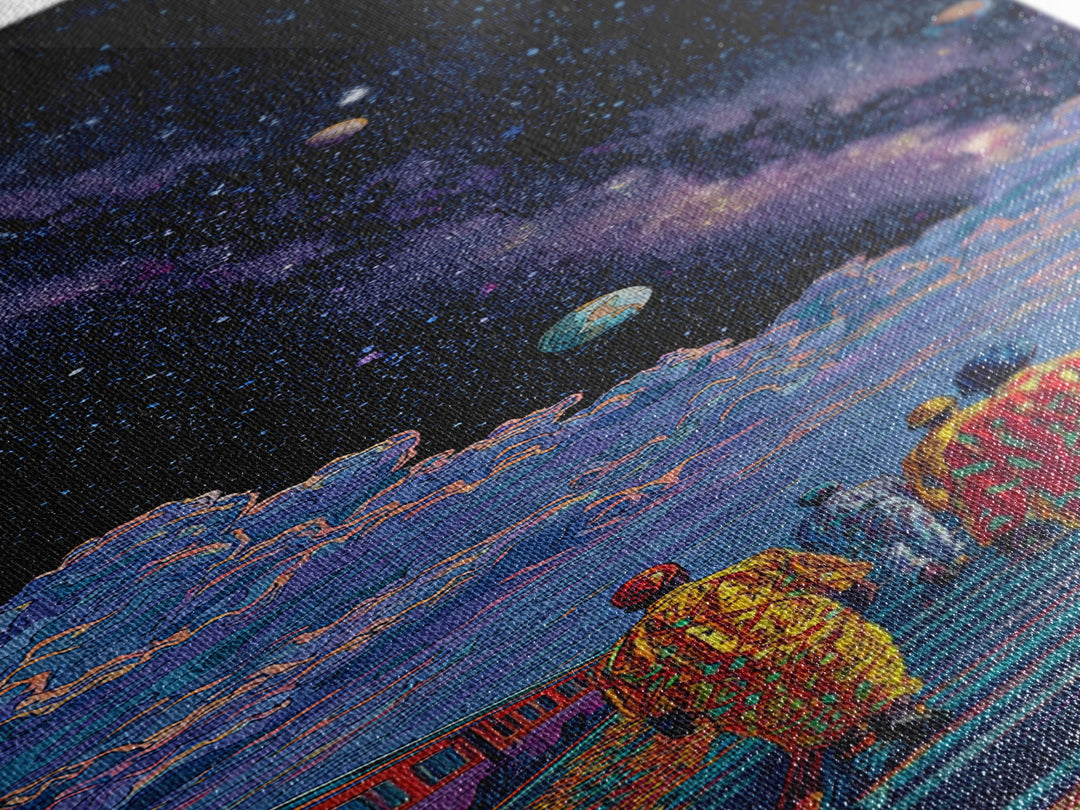 Afrofuturist Travelers On Cosmic Railroad Canvas Print, Black Culture Art, Galaxy Wall Decor, Modern African Home Decor Gift