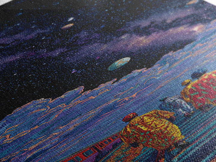 Afrofuturist Travelers On Cosmic Railroad Canvas Print, Black Culture Art, Galaxy Wall Decor, Modern African Home Decor Gift