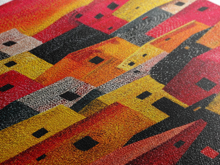 Bold Sunlit Geometric Village Wall Art, African Inspired Decor, Colorful Abstract Painting, Modern Boho Canvas Print Gift