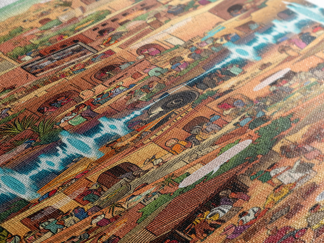 Bustling African Market City Wall Art, Pixel Style Cultural Canvas Decor, Afrocentric Travel Poster, Vibrant Statement Print