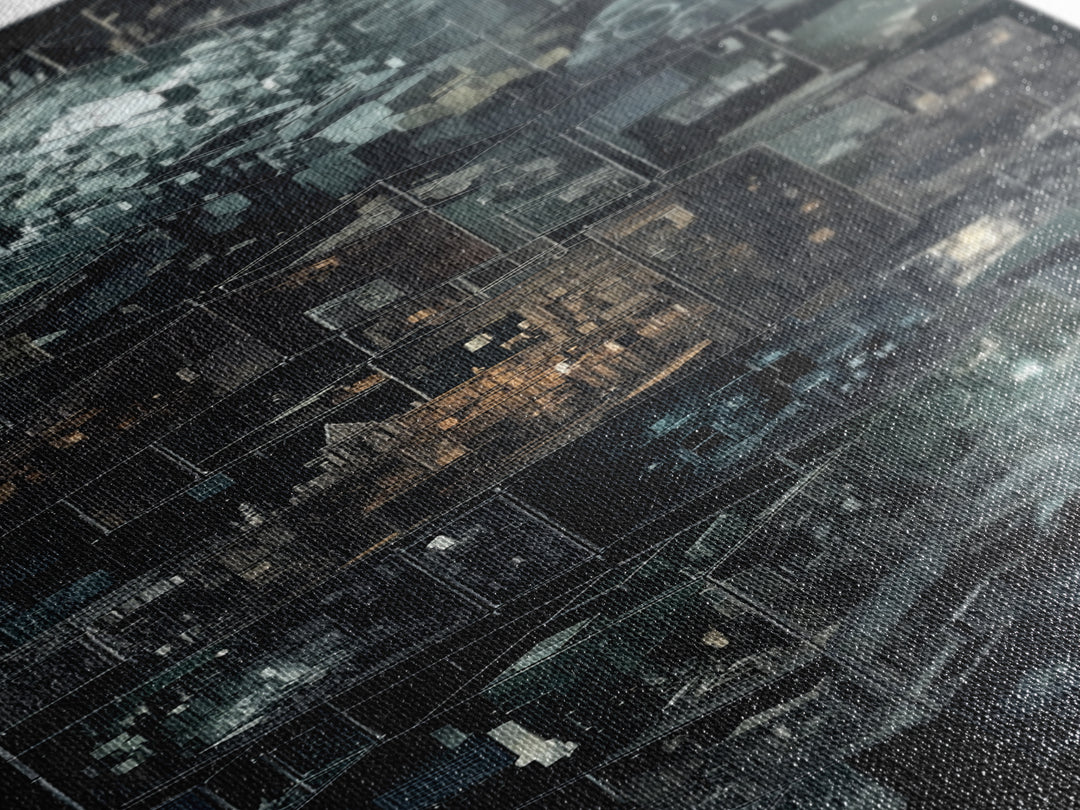 Dark Isometric Cyberpunk City Blocks Canvas Print, Futuristic Architecture Wall Decor, Modern Black Sci Fi Art Poster Gift