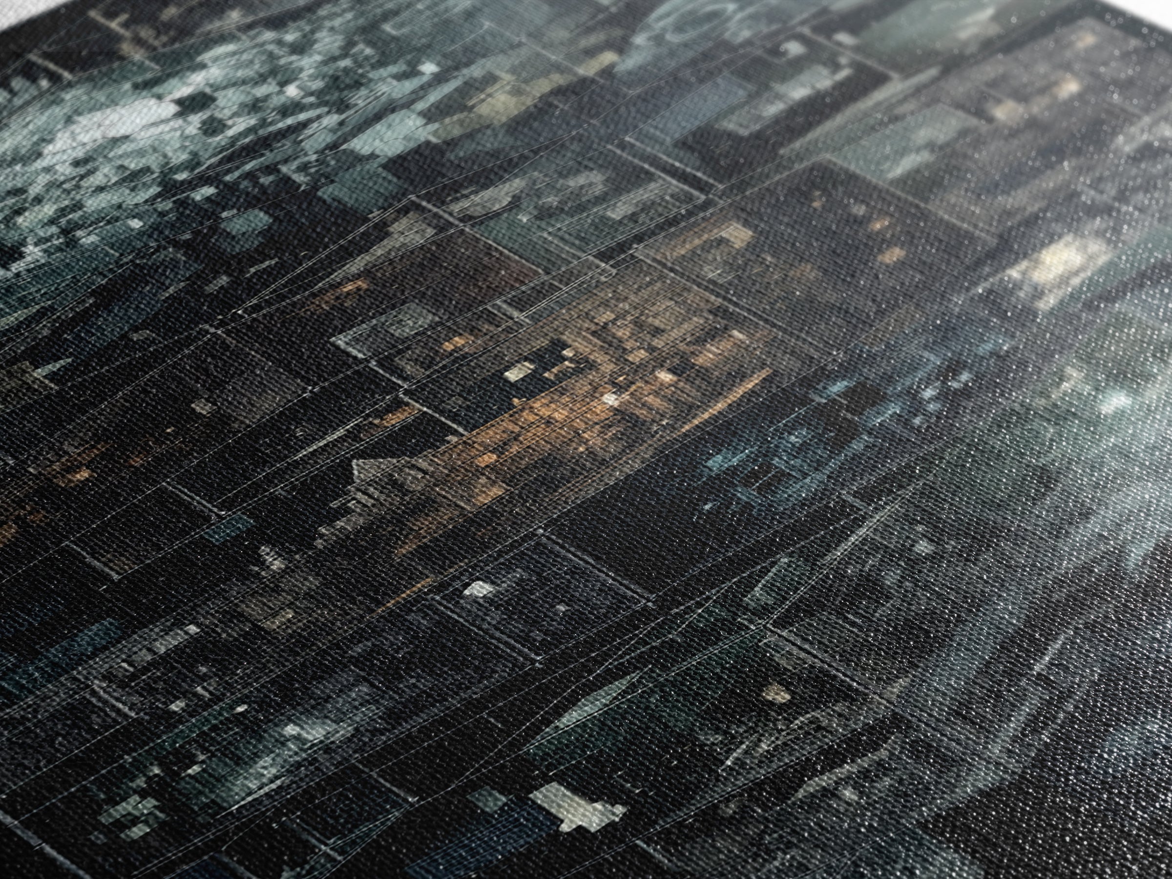 Dark Isometric Cyberpunk City Blocks Canvas Print, Futuristic Architecture Wall Decor, Modern Black Sci Fi Art Poster Gift
