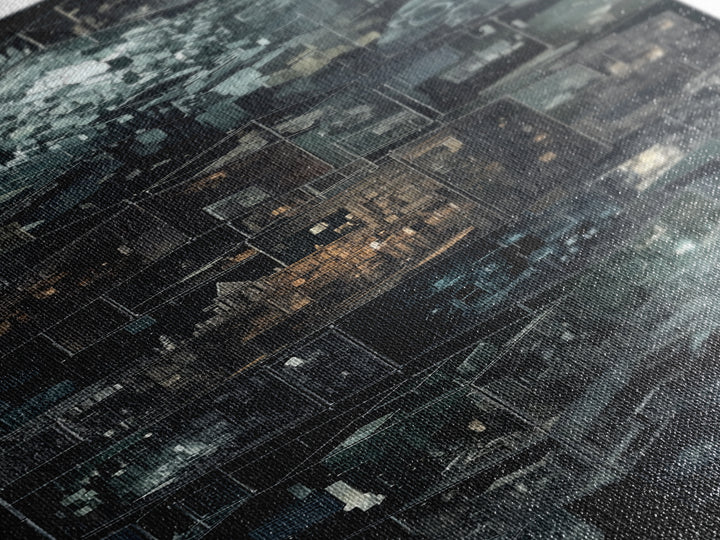 Dark Isometric Cyberpunk City Blocks Canvas Print, Futuristic Architecture Wall Decor, Modern Black Sci Fi Art Poster Gift