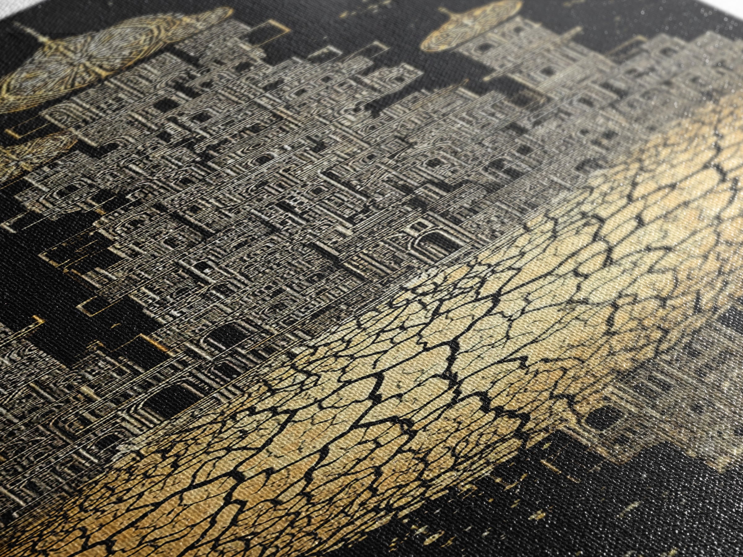 Golden Floating Afro Futurist Castle, Black And Gold African Wall Art, Luxury Canvas Print, Statement Home Decor Gift For Living Room