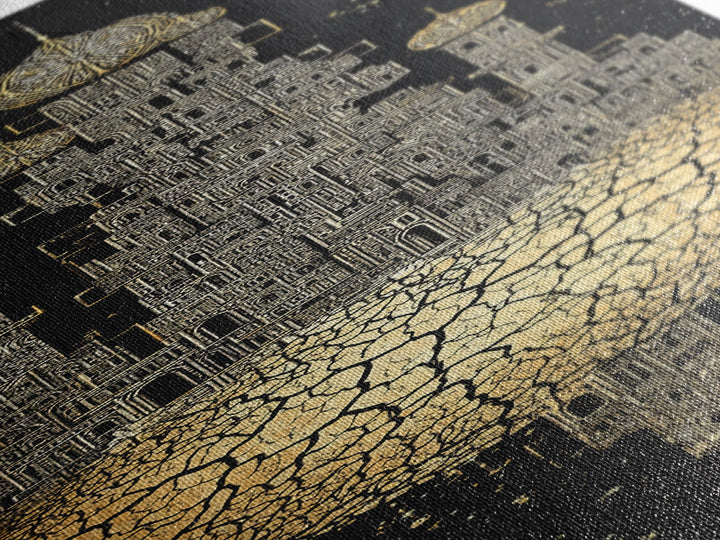 Golden Floating Afro Futurist Castle, Black And Gold African Wall Art, Luxury Canvas Print, Statement Home Decor Gift For Living Room