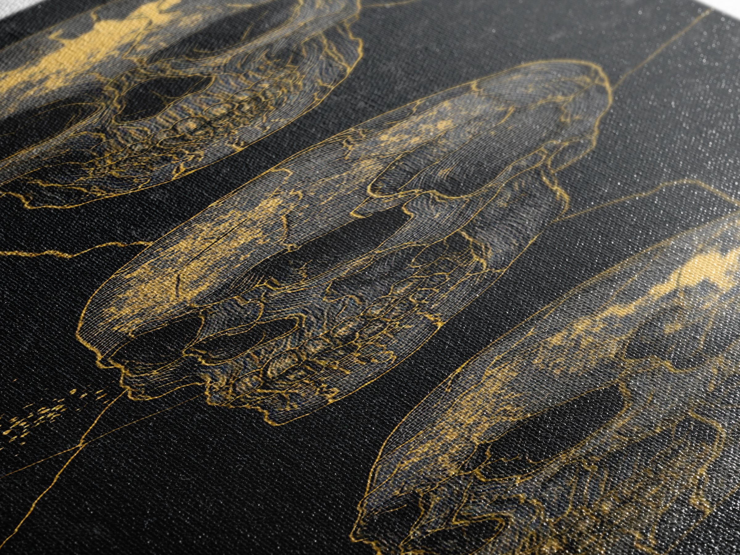 Three Gold Skulls On Black Canvas Print, Gothic Anatomy Wall Art, Dark Luxury Decor, Macabre Statement Gift For Him Home Decor