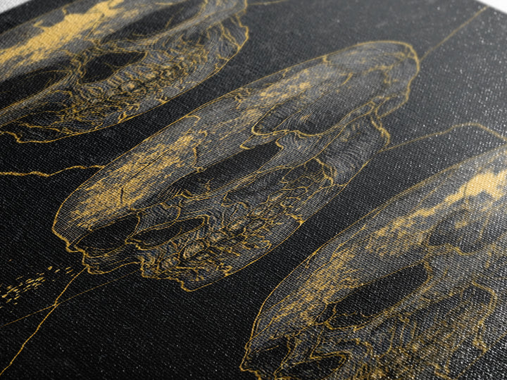 Three Gold Skulls On Black Canvas Print, Gothic Anatomy Wall Art, Dark Luxury Decor, Macabre Statement Gift For Him Home Decor