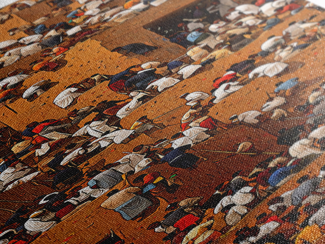 Crowded African Market Wall Art, Aerial Mud Brick Festival Canvas Print, Vibrant Cultural Decor, Sahel Cityscape Artwork