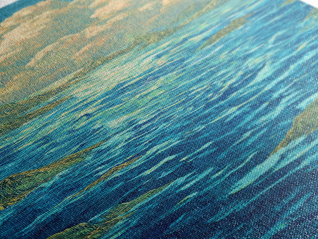 Turquoise Ocean With Golden Clouds Canvas Print, Blue Seascape Wall Art, Dreamy Nature Scene Art, Coastal Home Decor Gift