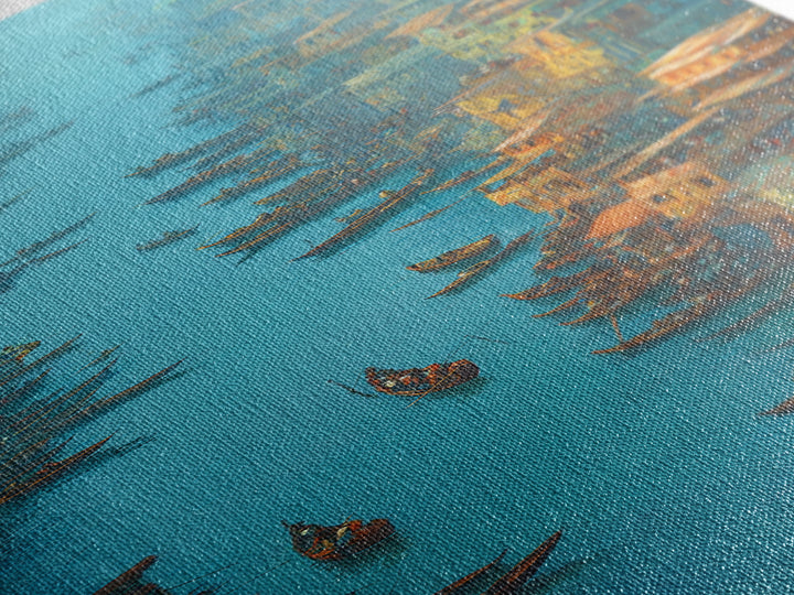 Teal Canal City With Boats Wall Art, Coastal Travel Decor, Blue Orange Painting, Large Canvas Print, Unique Home Decor Gift