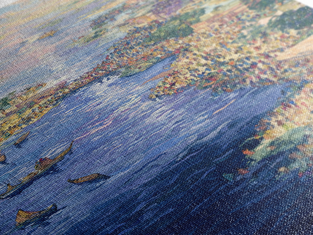 Sunlit African River Crowd Wall Art, Blue Water Boats, Cultural Cityscape, Afrocentric Decor, African Painting Canvas Print