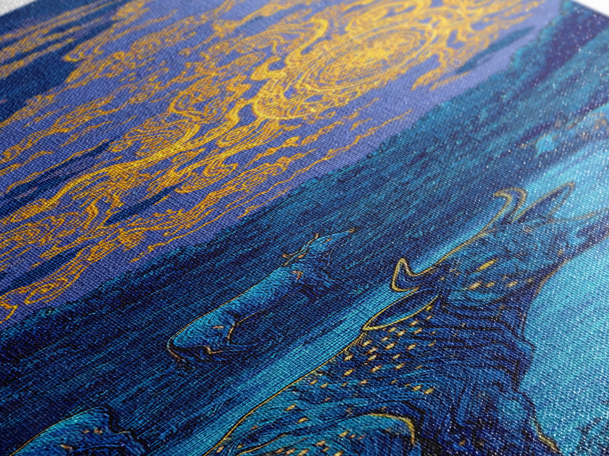 Blue Cow Under Orange Swirl Sky Canvas Print, Rustic Nature Scene Art, Animal Wall Art, Farmhouse Decor, Unique Wall Decor