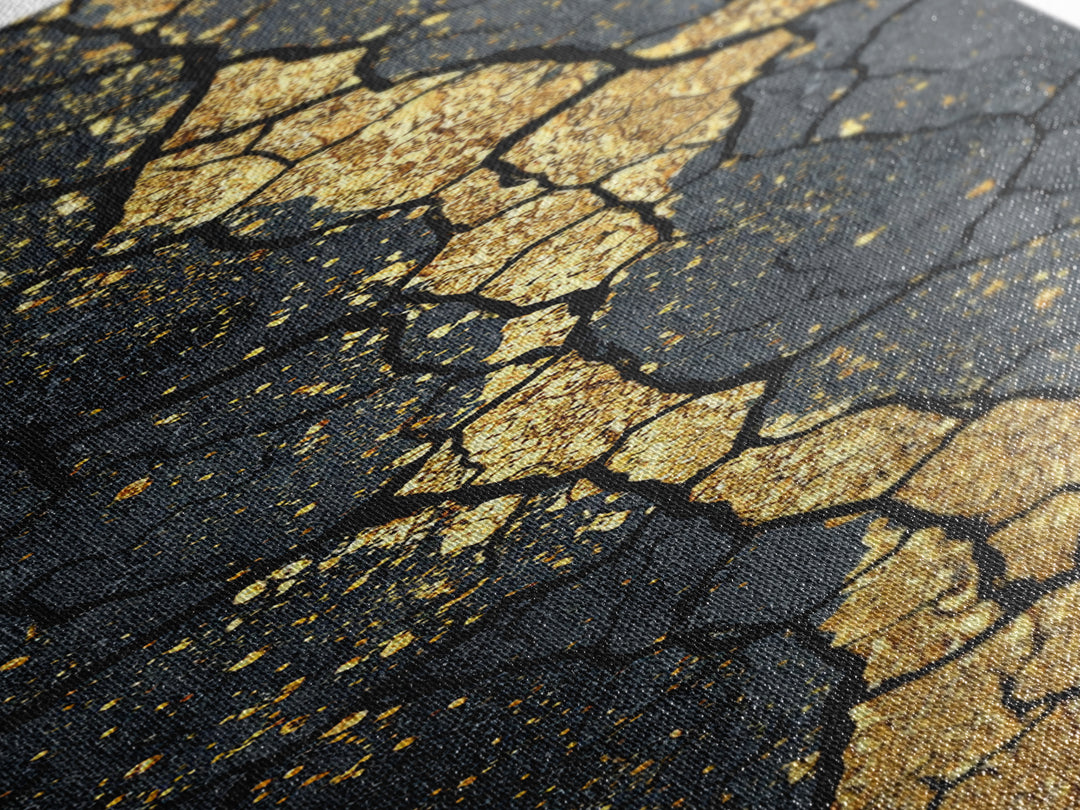 Gold Kintsugi Cracked Stone Abstract African Wall Art, Black And Gold Canvas Decor, Modern Tribal Texture, Luxury Home Decor