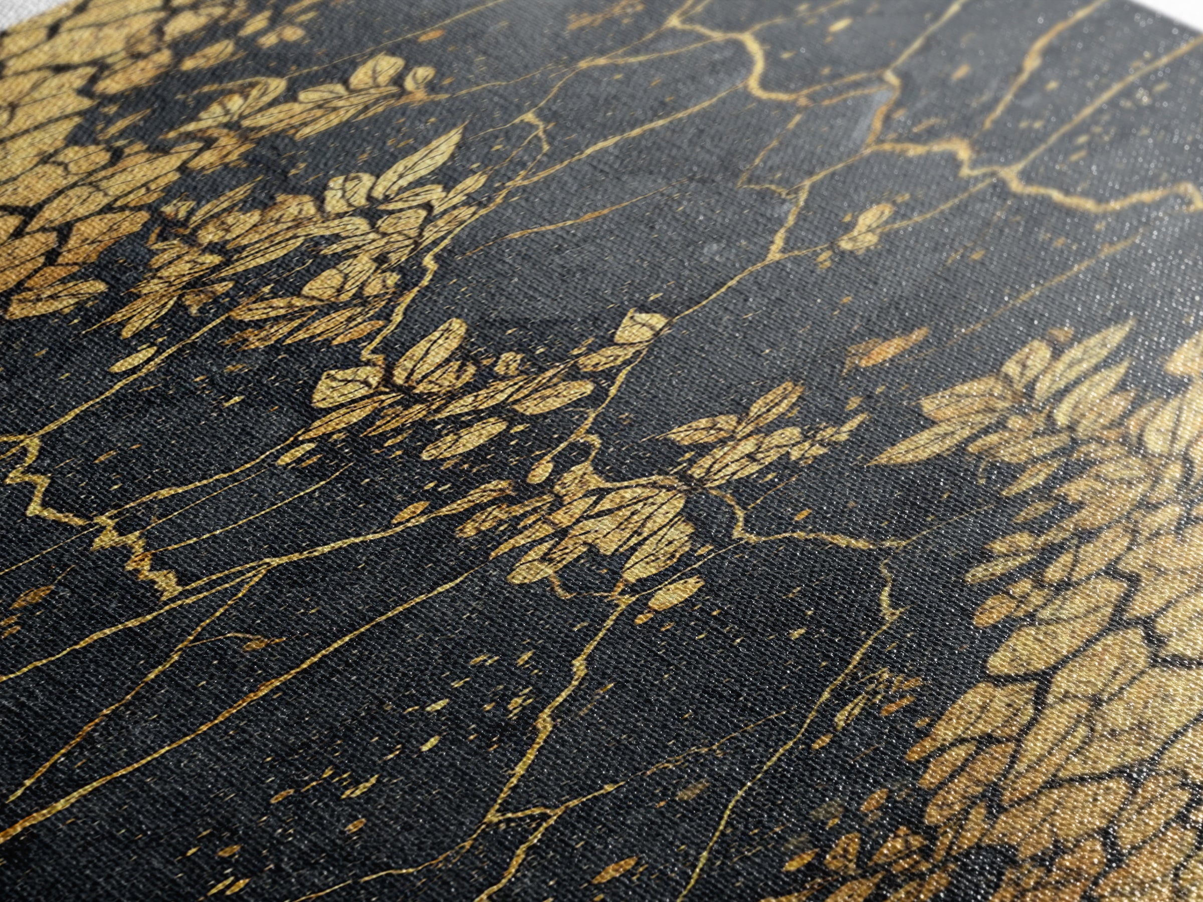 Gold Botanical Kintsugi Cracked Stone Wall Art, Black And Gold Floral Abstract, Luxury African Inspired Canvas Home Decor