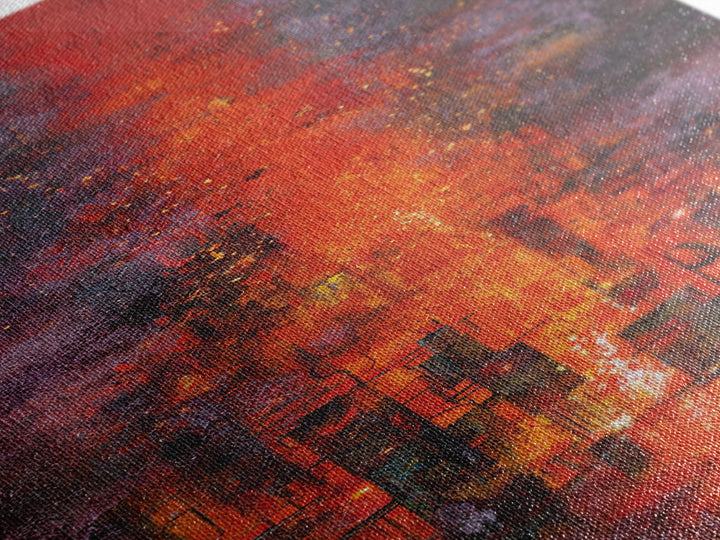 Burning Skyline With Volcanic Light Wall Art, Dark Red Abstract Canvas Print, Urban Wall Art, Modern Office Decor Gift For Him