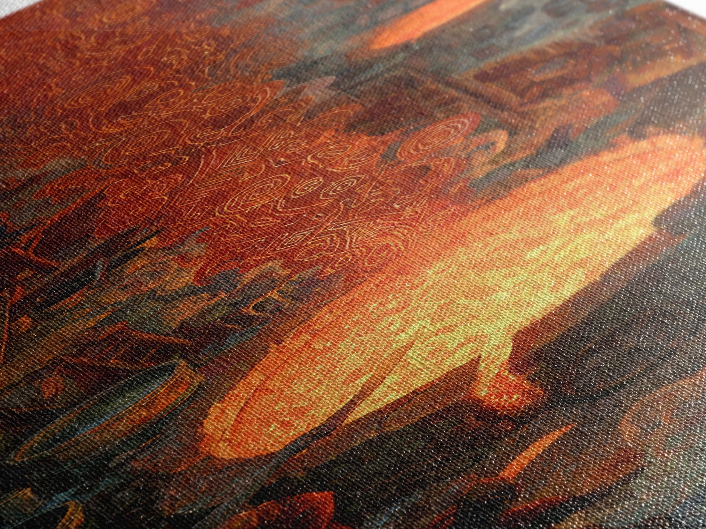 Molten Forge Workshop With Glowing Symbols Framed Canvas Print, Industrial Fantasy Wall Art, Orange Painting Home Decor Gift