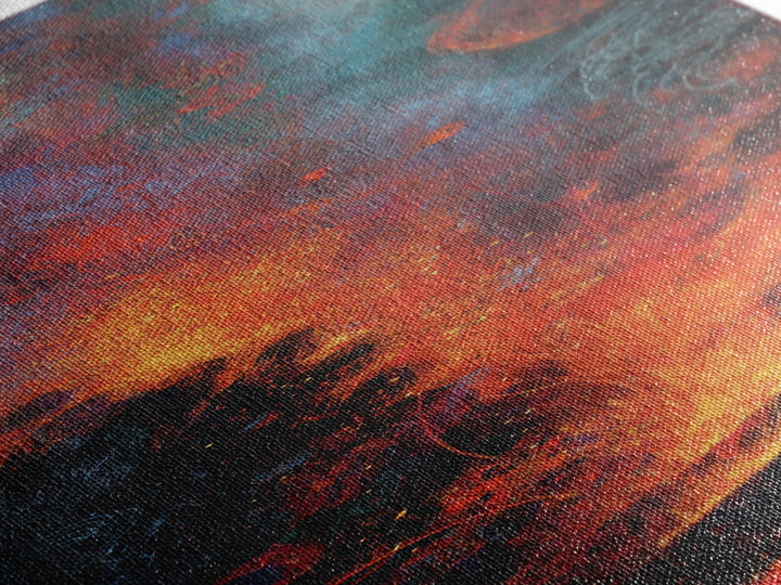 Cosmic Volcano Eruption Wall Art, Teal Red Orange Abstract Canvas Print, Dreamy Space Decor, Modern Large Wall Decor Gift