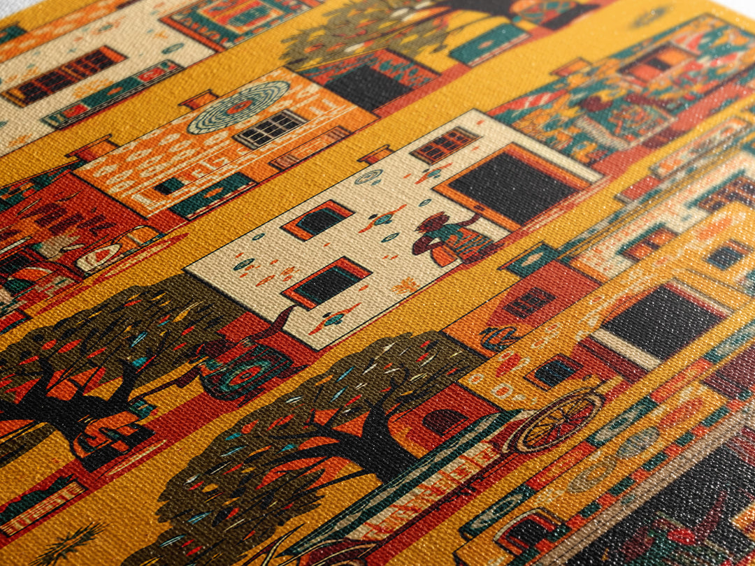 Orange African Village Houses And Trees Wall Art, African Folk Canvas Print, Cultural Home Decor, Afrocentric Travel Gift