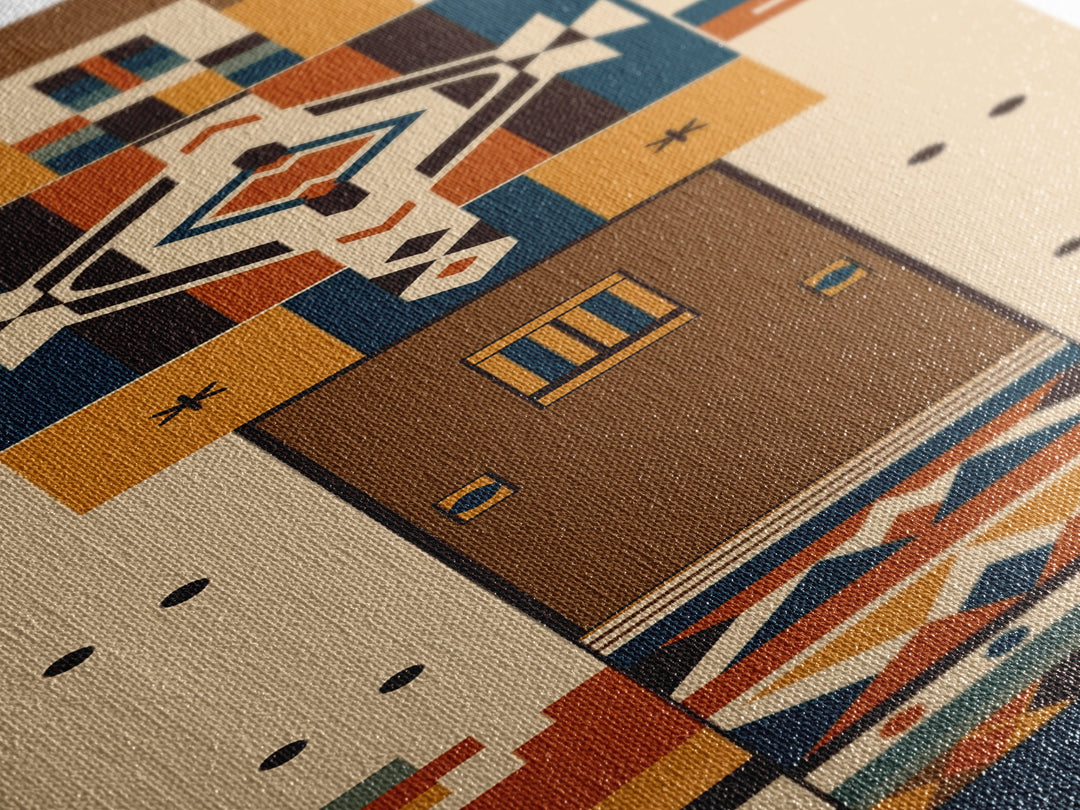 Earth Tone Geometric Tribal Figure Wall Art, African Inspired Canvas Print, Southwestern Pattern Decor, Minimalist Home Gift