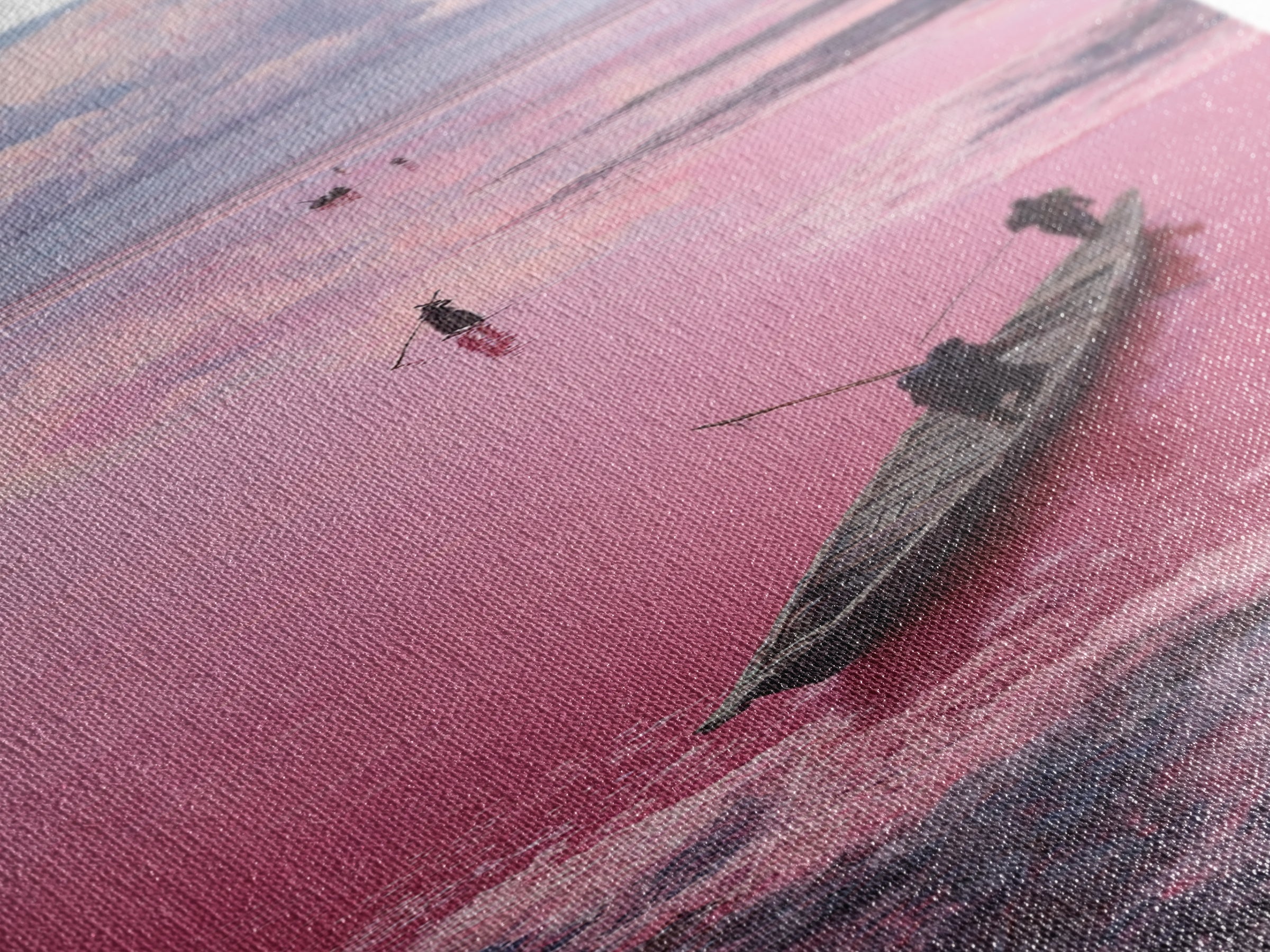 Dreamy Pink African Lagoon With Wooden Boat Canvas Print, Lake Retba Fisherman Scene, Coastal Landscape Wall Decor Gift Art