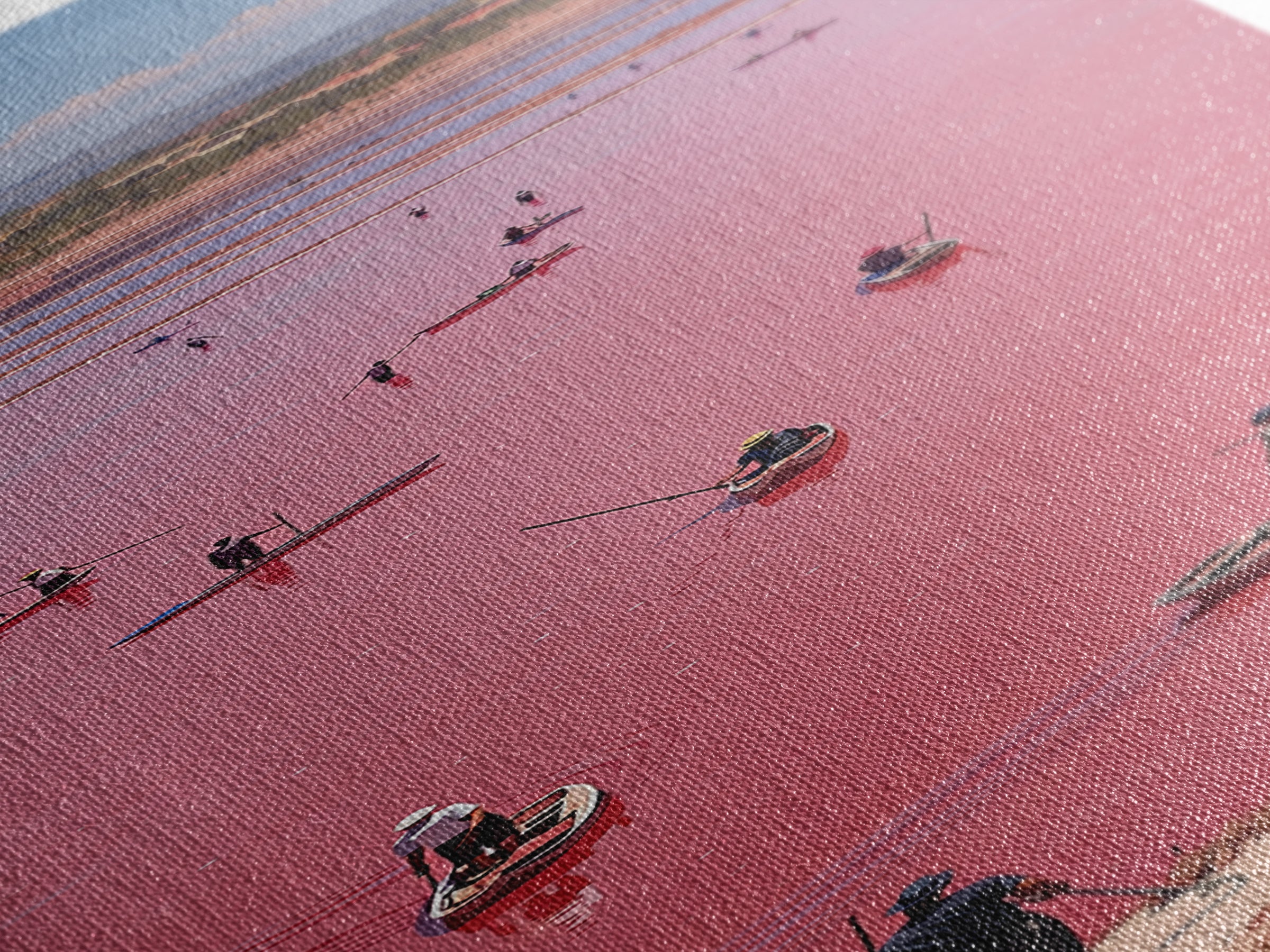 Pink African Lake With Boats And Salt Workers Framed Canvas Print, Lake Retba Landscape, Vibrant Travel Wall Decor Gift Art